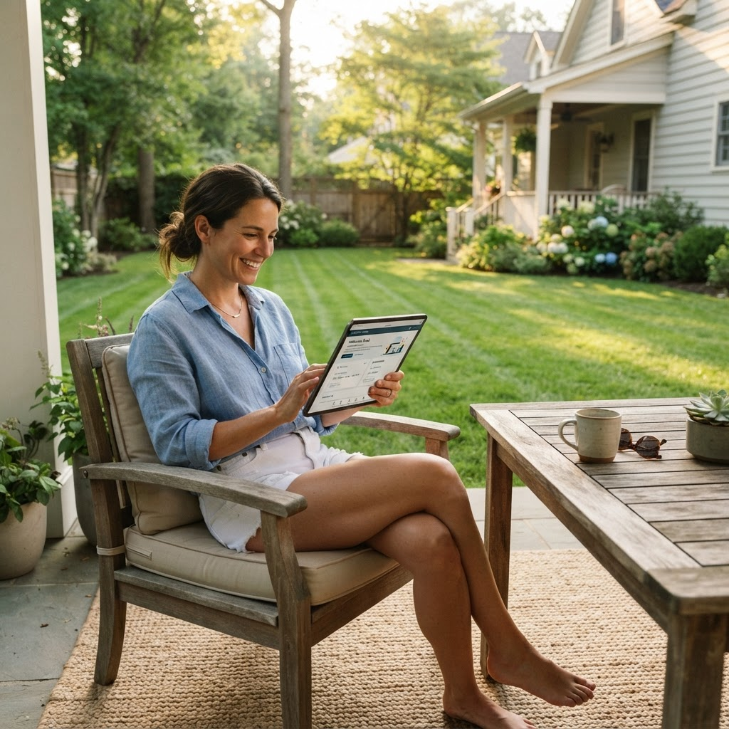 A homeowner relaxing on her patio while checking the customer portal on a tablet