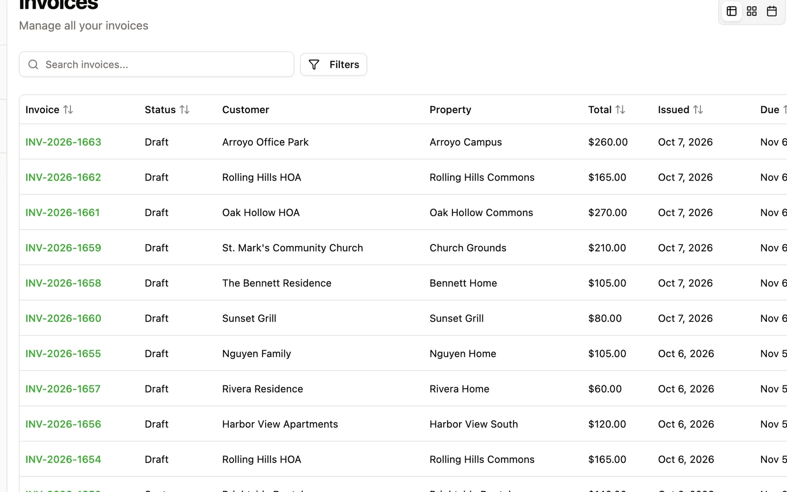 The invoices list with draft, sent and paid invoices for each customer and property