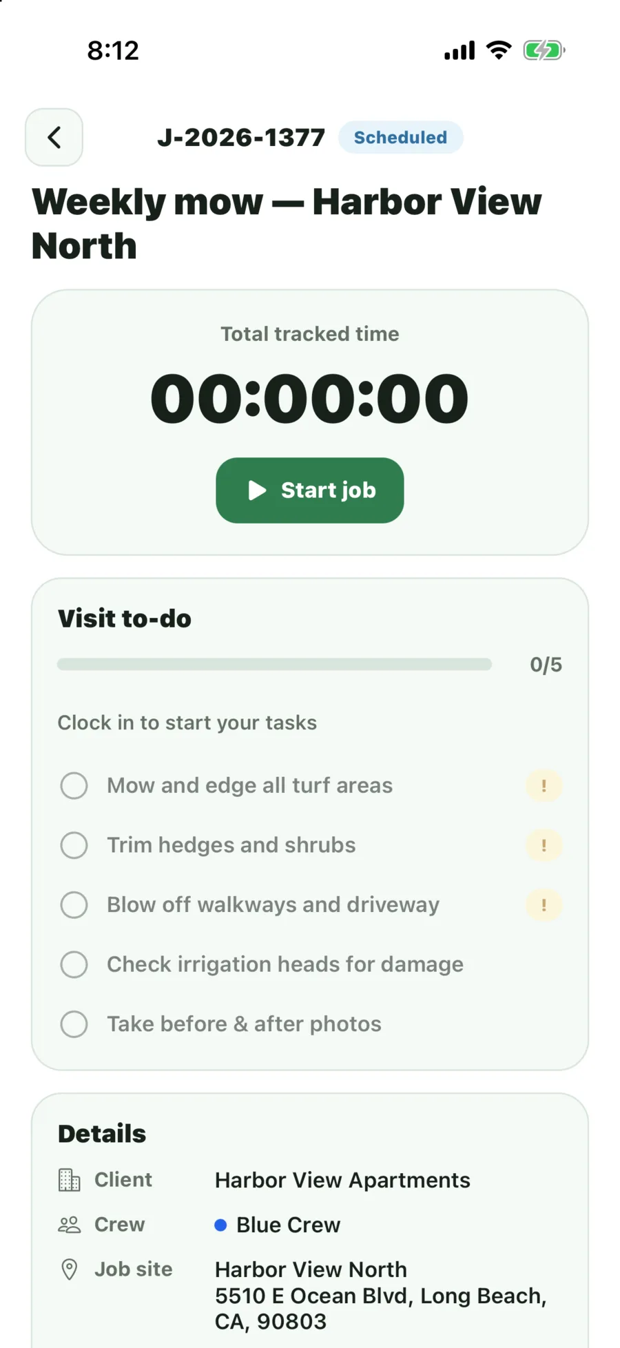Job screen with the visit checklist and details