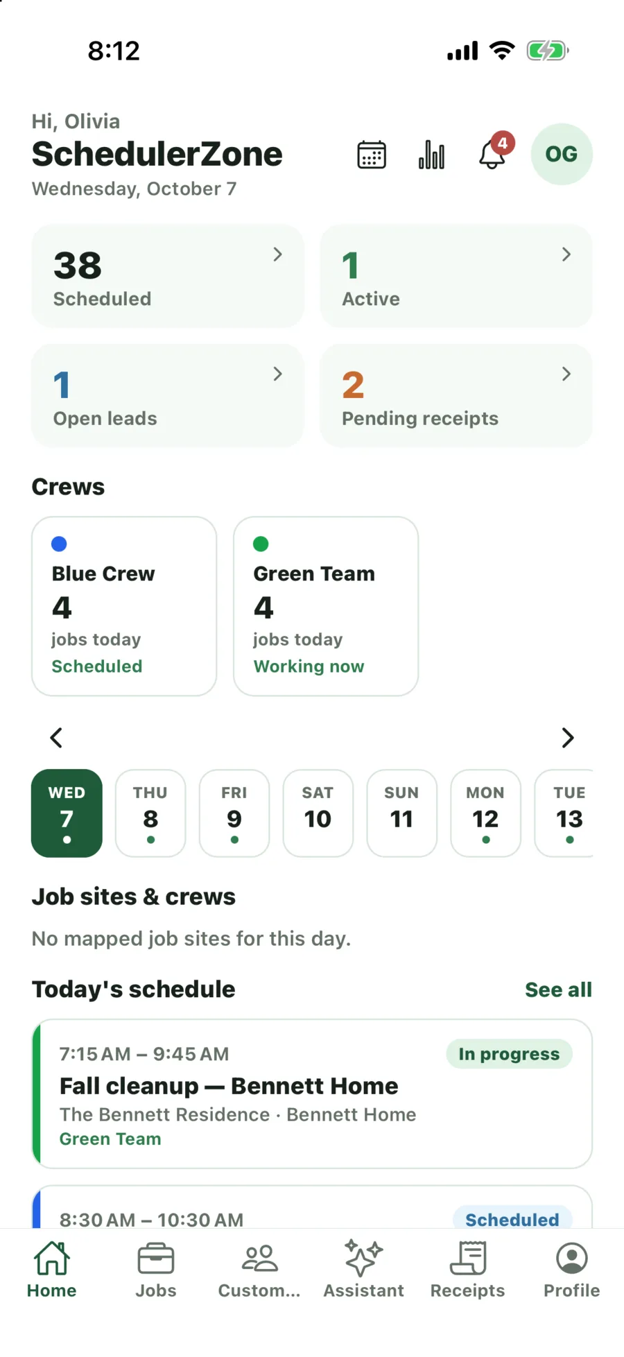 Manager home in the mobile app: today's counts, both crews, and today's schedule