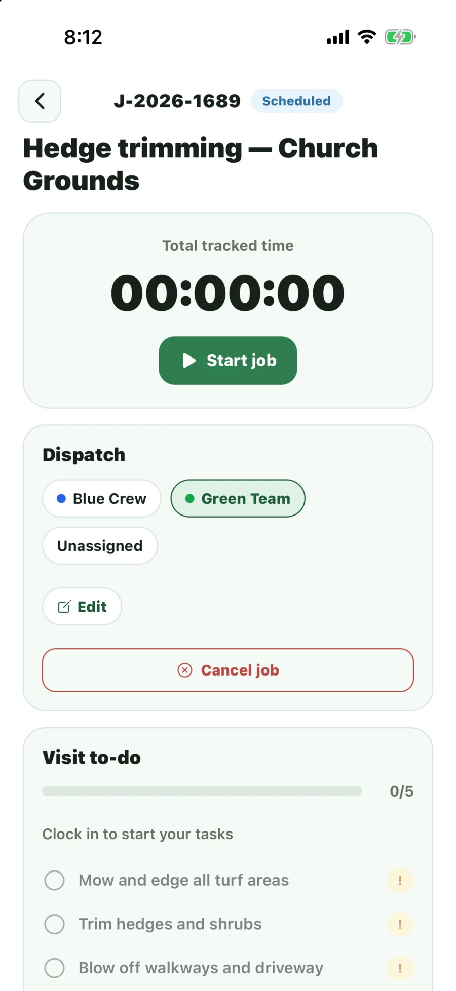 A job in the mobile app with Dispatch buttons to move it to another crew