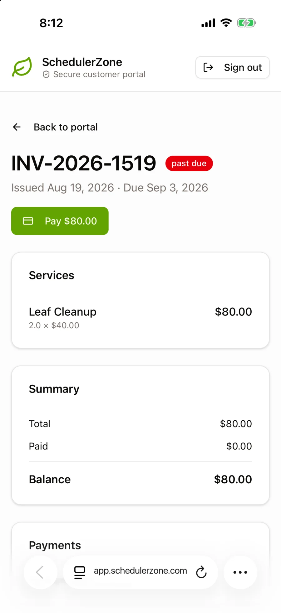 The customer portal on a phone showing an invoice with a Pay button