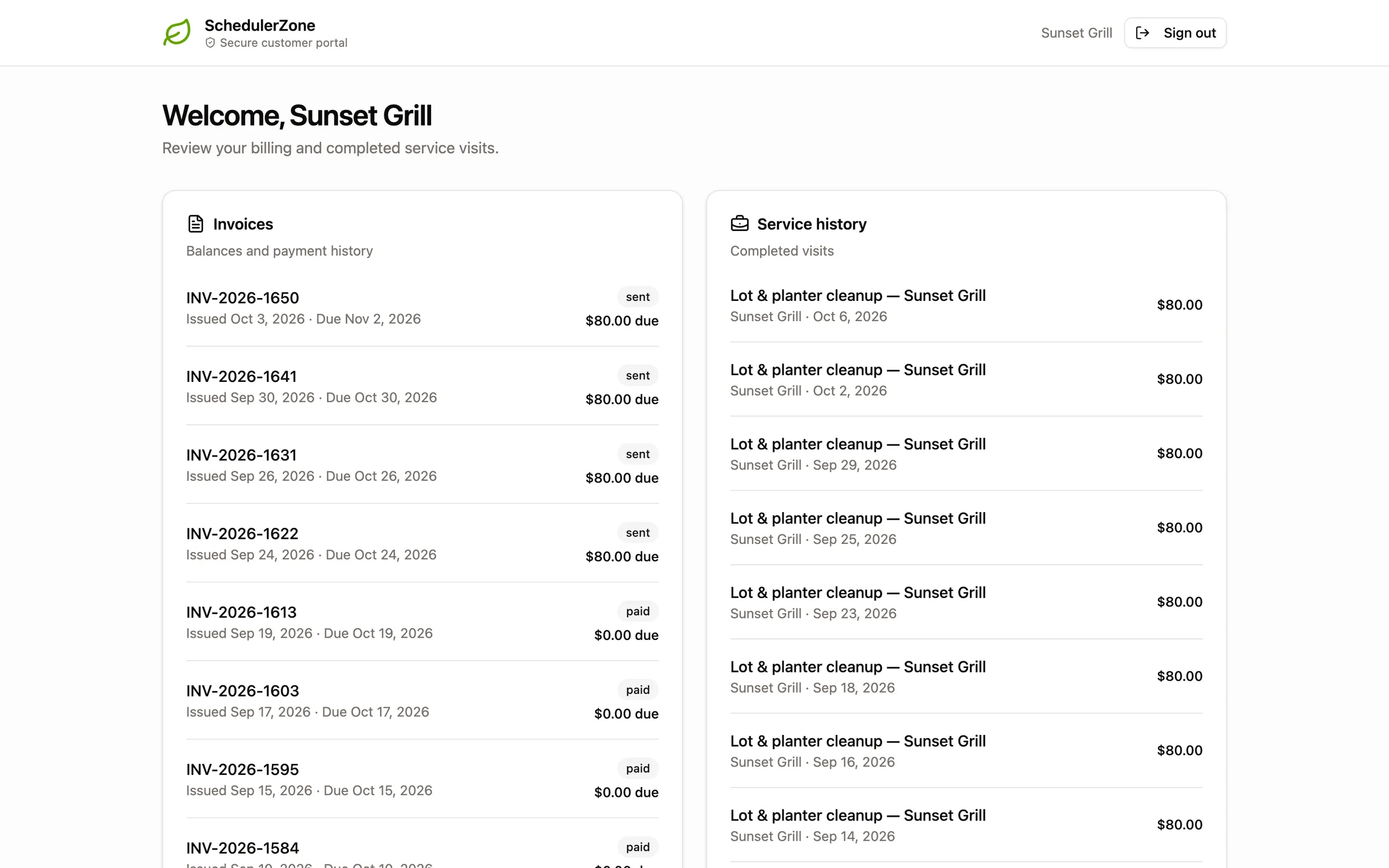 The customer portal: invoices with balances on the left, completed service visits on the right