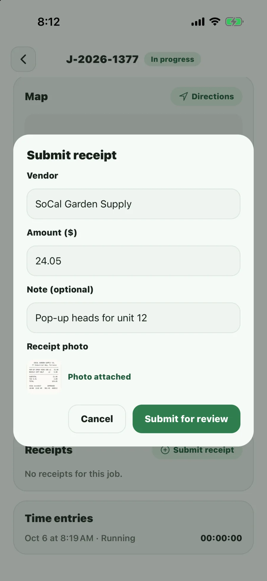 Receipt form with vendor, amount, note and an attached photo
