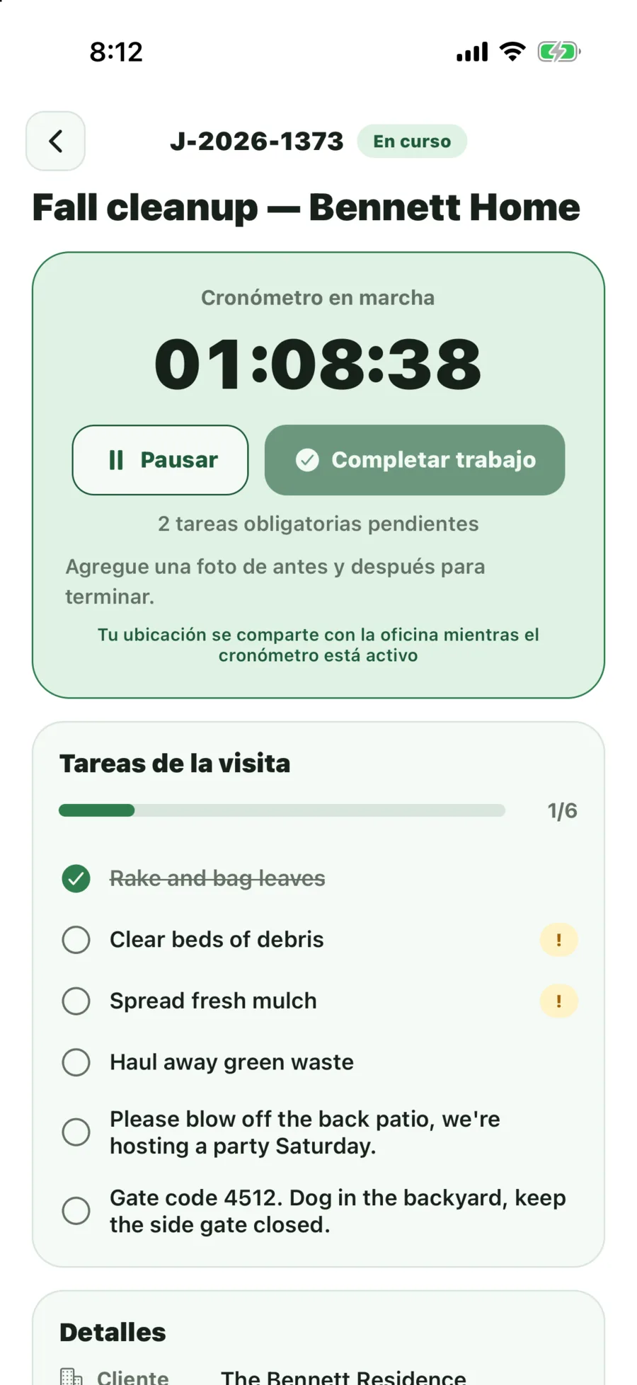 The same job screen in Spanish with the timer running