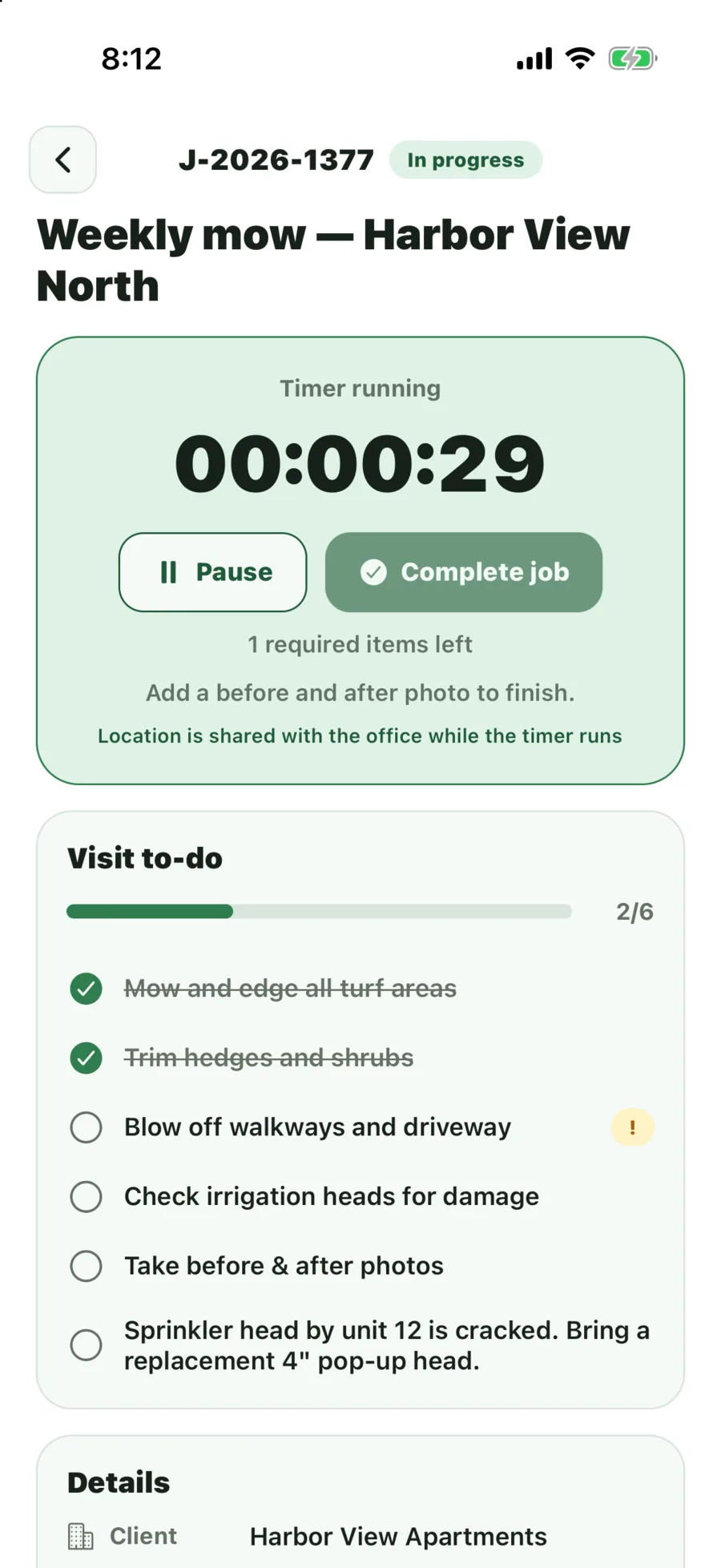 A running job timer with the visit checklist and required photos