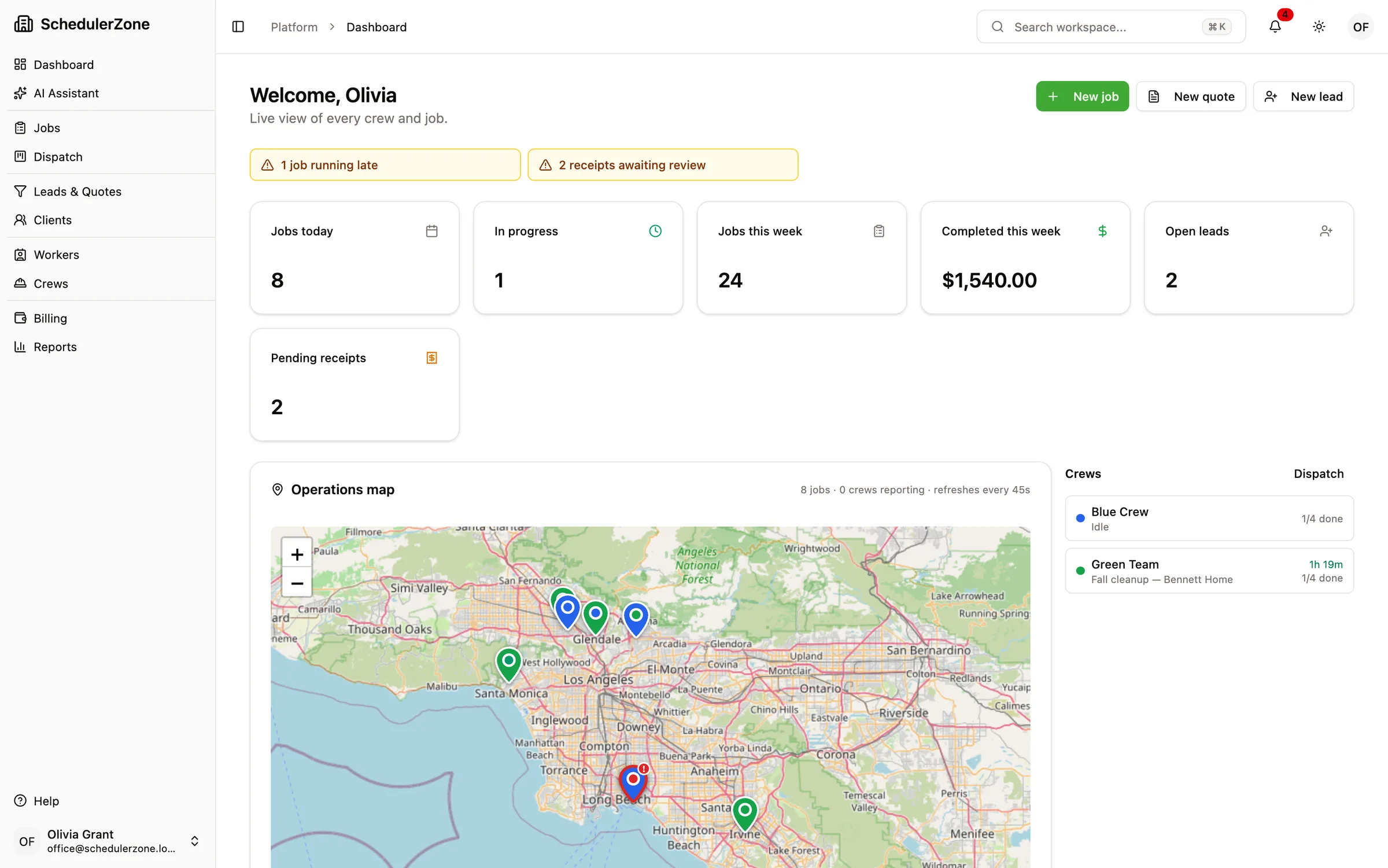 The SchedulerZone dashboard: today's jobs, jobs in progress, pending receipts, and a map of job sites